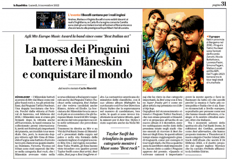 I Pinguini Tattici Nucleari alla conquista del mondo: l’articolo su la Repubblica dopo la vittoria agli Mtv Music Award