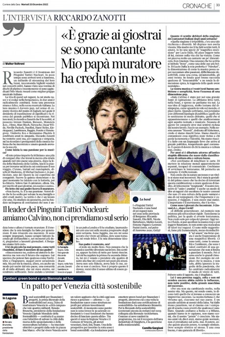 Su Corriere della Sera, l’intervista di Walter Veltroni a Riccardo Zanotti, frontman dei Pinguini Tattici Nucleari