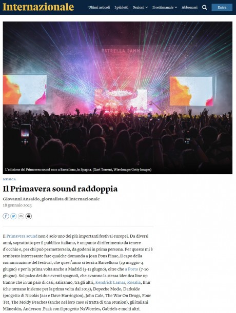 Il PRIMAVERA SOUND su Internazionale